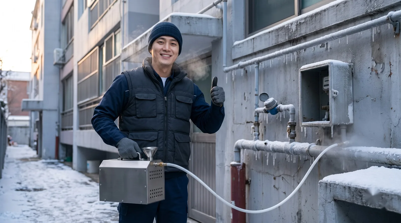 경기 북부 수도 동파 해빙 작업복 기술자와 스팀해빙기